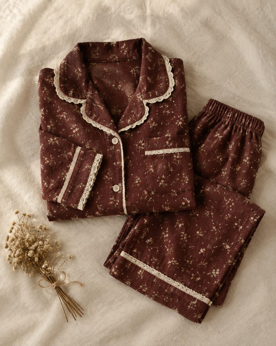 Bộ pyjama dài tay Nezu – Đỏ rượu – trải phẳng